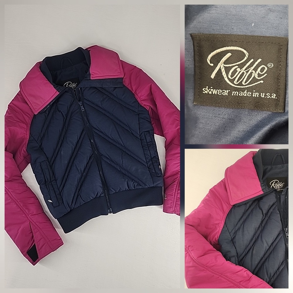 Roffe Vintage Navy Pink Quilted Chevron Puffer Ski Jacket Made in USA Womens XS